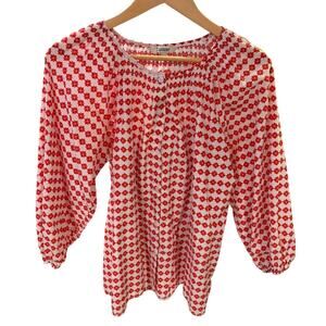 TUCKER NYC Women's The Classic Blouse LARGE Geometric, Smocked Red Silk Cotton